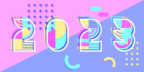 Illustration in modern memphis style. Vector numbers 2023 in trendy pink, yellow, purple and blue colors. Twisted numbers. Happy New Year 2023. Great for festivals, celebrations, events and messages