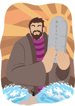 Vector illustration of Moses holding a stone tablet with writing and at the foot of the image Moses opens the sea.