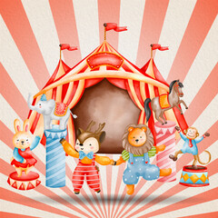 Colorful Circus watercolor illustrations of animals. circus cartoon animals. Watercolor Circus