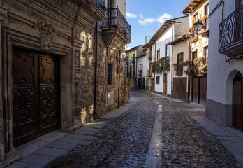 Obraz premium Water street in the old town of Villafranca del Bierzo in the way of Santiago trekking. Spain.