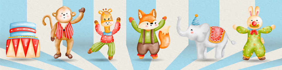 Wonderful Circus watercolor animals illustrations. circus cartoon animals. Watercolor Circus.. © Apixsala