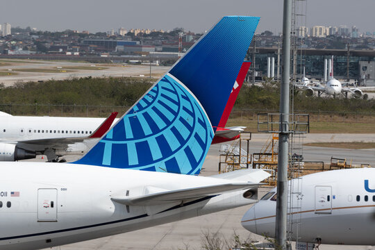 United Airlines Logo At Aircraft Tail On GRU Airport, 17 Jul, 2022, Sao Paulo, Brazil.