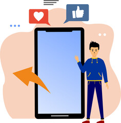 man and smartphone with various icons