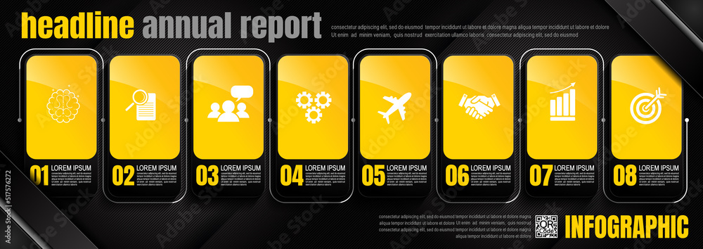 Wall mural infographics design, 8 process chart diagram template for presentation workflow, abstract timeline e