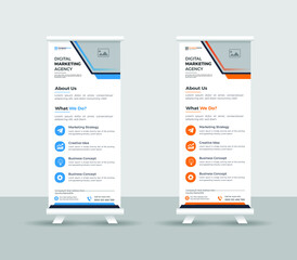 Obraz premium Business Roll up banner stand template design, modern portable stands corporate roll-up banner layout, pull up, vector illustration, business flyer, brochure, Corporate banner