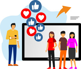 tablet with group of people and various icons