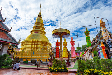 Fototapeta premium The golden pagoda at Wat Phra That Hariphunchai, Lupoon, Thailand.