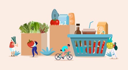 Flat illustration. Big basket concept with spring onions, juice, milk, bread, vegetables, fruit, meat, tomato, vegetarian. which are bought from markets, grocery stores, supermarkets, various stores.