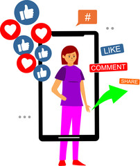 woman in smartphone with various icons