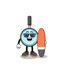 Mascot cartoon of magnifying glass as a surfer