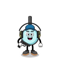 Character mascot of magnifying glass doing shooting range