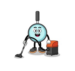 Character mascot of magnifying glass holding vacuum cleaner