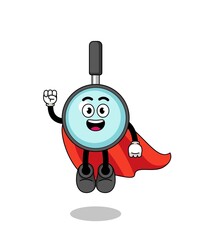 magnifying glass cartoon with flying superhero