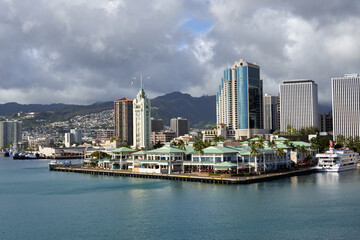 Fototapeta na wymiar Honolulu Harbor Marina and cruise port. Aloha tower at Pier 9