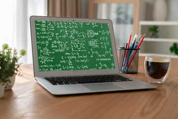 Mathematic equations and modish formula on computer screen showing concept of science and education