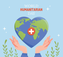 World humanitarian day. Hands hold planet in shape of heart. Metaphor for charity, volunteering, support and care. International holidays, gift greeting postcard. Cartoon flat vector illustration