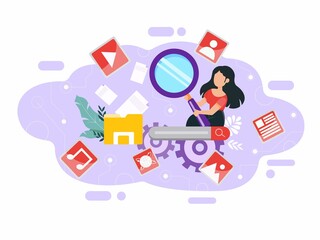 Flat illustration. Internet search concept, search engine, computer, laptop, communication, management, corporate link.