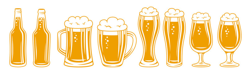 Beer bottle or glass, mugs retro engraved set. Brewery, bar, pub beer festival, vintage Oktoberfest engraving. Hop lager, monochrome wheat ear ale. Design poster, menu, invitation party vector