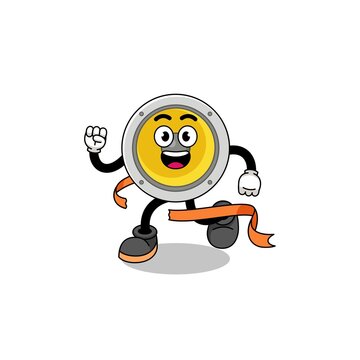 Mascot cartoon of speaker running on finish line
