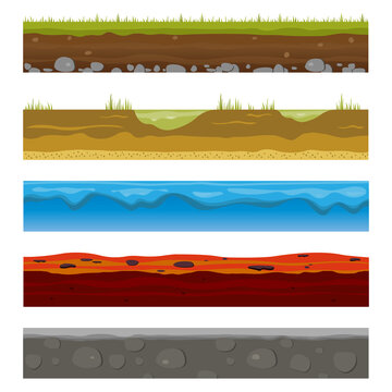 Seamless Earth Surface. Green grass land landscape, sandy desert and sea water beach. Soil layers texture for game level design, isolated cartoon vector fabric set