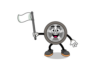 Cartoon Illustration of car wheel holding a white flag