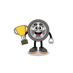 Fototapeta premium Cartoon mascot of car wheel holding a trophy