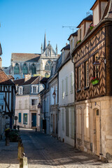 Old streets and houses of Auxerre, medieval city on river Yonne, north of Burgundy, France