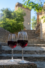 Glass of red dry wine and ruins of medieval castle of Châteauneuf-du-Pape ancient wine making village in France