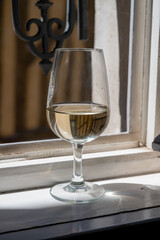 Tasting of white grand cru classe chablis wine with old French houses on background, Burgundy, France