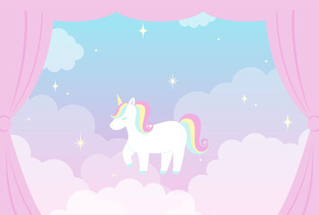 Obraz premium vector background with a rainbow unicorn in cloudy sky for banners, cards, flyers, social media wallpapers, etc.