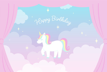 vector background with a rainbow unicorn in cloudy sky for banners, cards, flyers, social media wallpapers, etc. - obrazy, fototapety, plakaty