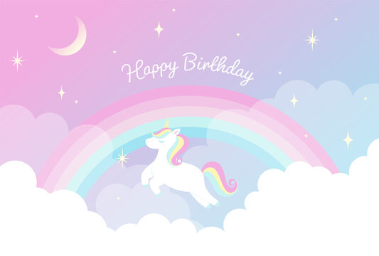 vector background with a rainbow unicorn in cloudy sky for banners, cards, flyers, social media wallpapers, etc.