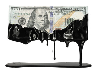 US American dollar bill dripping with crude oil showing the high cost of gas at the pump or the USA...