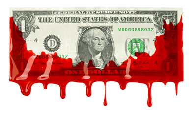 US American dollar bill covered and dripping with red blood. Showing corporate greed, corruption,...