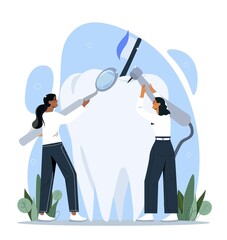 Dentists with tooth. Women treat patient, protection from caries. Beauty and oral hygiene, characters with dental treatment equipment. Medicine and healthcare concept. Cartoon flat vector illustration