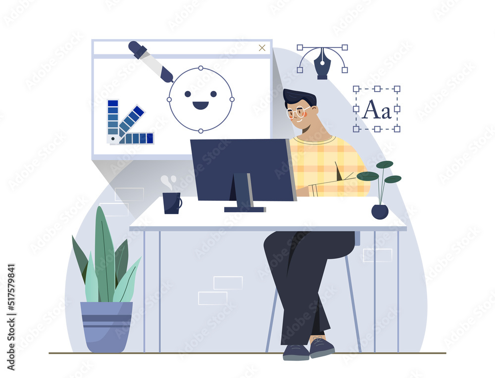 Poster designer at workplace. man sits at computer, creates graphic elements for website. development of in