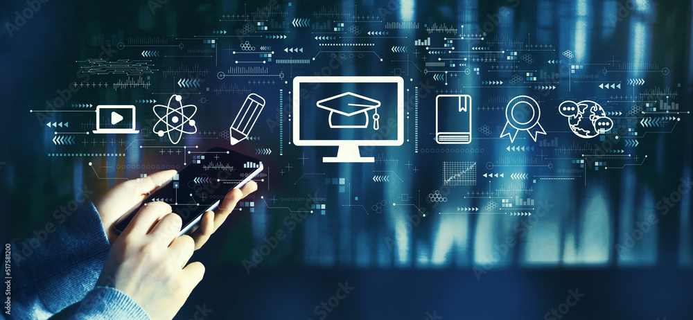 Poster e-learning concept with person using smartphone