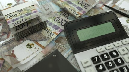 200 Aruban florin notes spread out  with a calculator, pen and notebook. 3d rendering