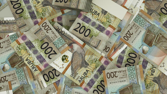 3D rendering of 200 Aruban florin notes spread on surface