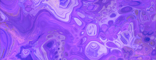 Flowing Abstract Acrylic Pour Banner in Beautiful Violet and Purple colors. Paint texture with Gold Glitter.