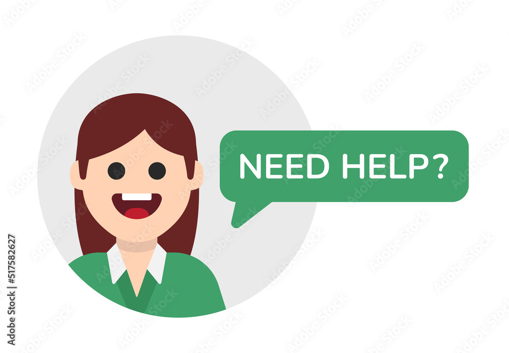 Poster need help message with happy woman character in flat design illustration. customer support and assis