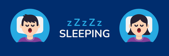 Sleeping man and woman character in flat design banner illustration. Avatar asleep vector icon, rest and nap concept.