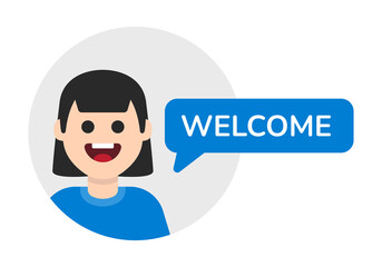 Welcome message with happy woman character in flat design illustration. Greeting and welcoming girl vector icon avatar.