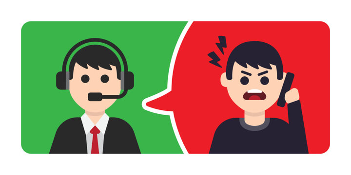 Angry customer with hotline center character in flat design. Vector illustration
