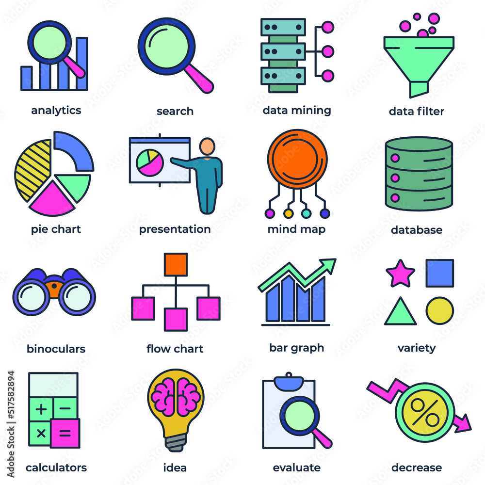Poster set of data analysis icon logo vector illustration. data analysis pack symbol template for graphic a