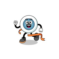 Mascot cartoon of eyeball running on finish line