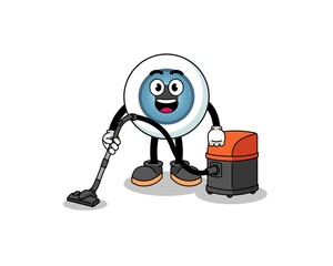 Character mascot of eyeball holding vacuum cleaner