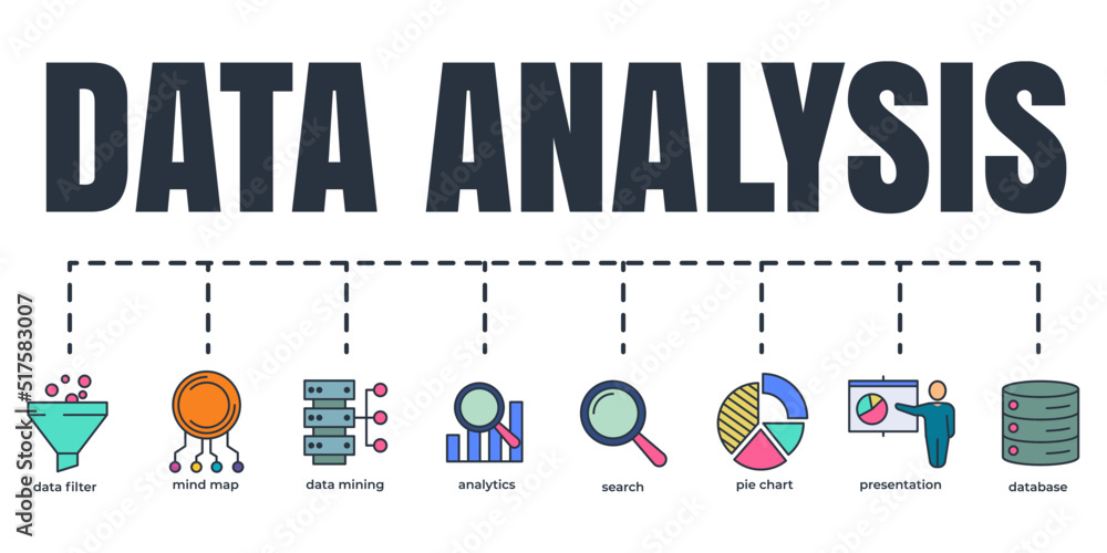 Aufkleber data analysis banner web icon set. analytics, search, data mining, data filter, pie chart, presentat