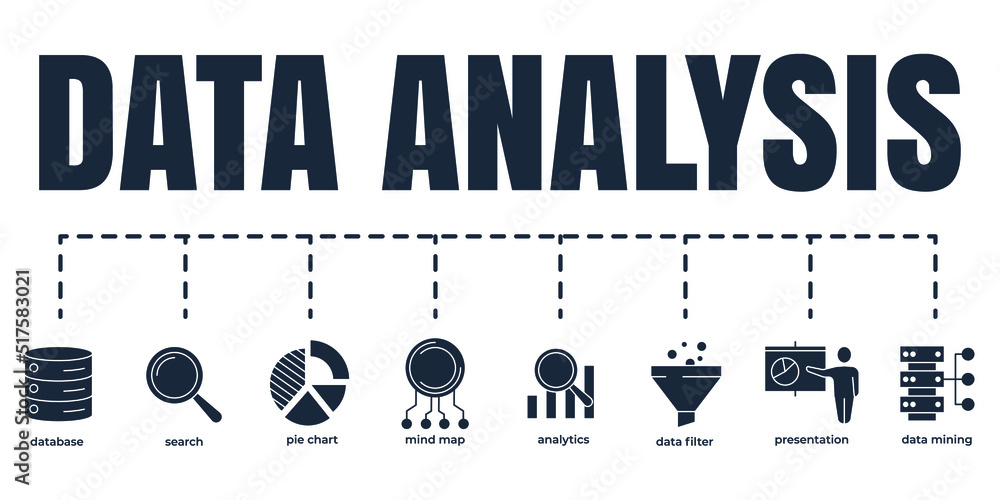 Poster data analysis banner web icon set. analytics, search, data mining, data filter, pie chart, presentat