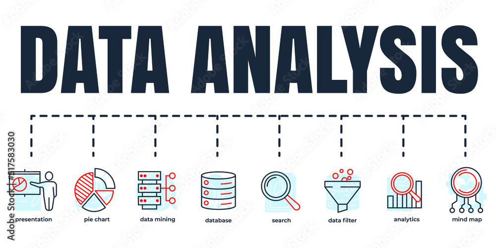 Poster data analysis banner web icon set. analytics, search, data mining, data filter, pie chart, presentat